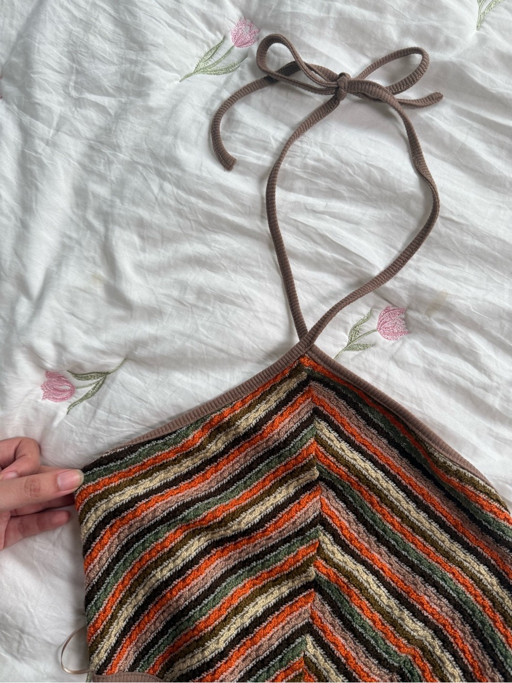 Striped Halter Knit Tie Back Brown and Multicolor Summer Tank Top